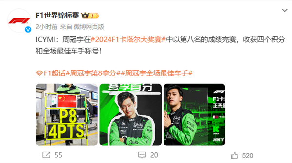 中国首位F1车手 卡塔尔站周冠宇全场最佳：首次拿分！