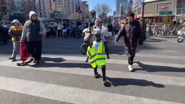 冒警的机械人在街道上惹来围观，对交通造成不良影响。