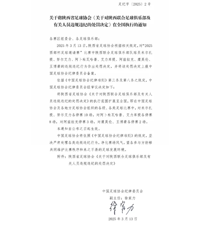 关于将陕西省足球协会《关于对陕西联合足球俱乐部及有关人员违规违纪的处罚决定》在全国执行的通知