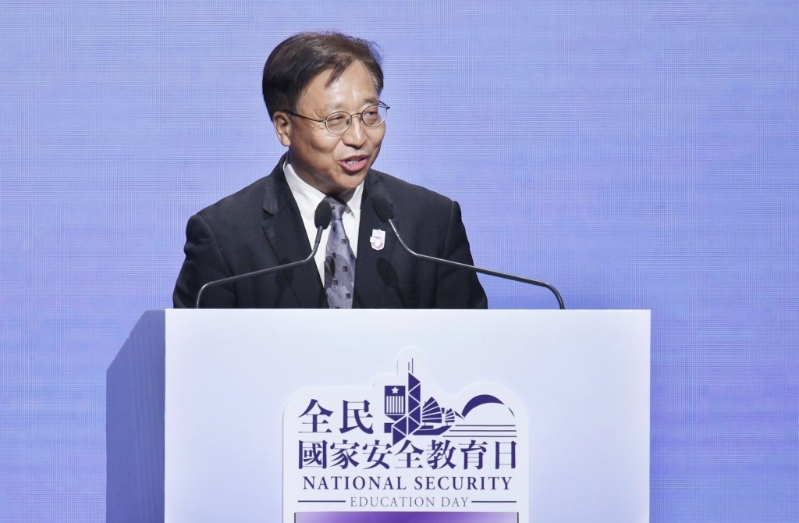 崔建春在「全民國家安全教育日」開幕典禮上。 陳浩元攝 